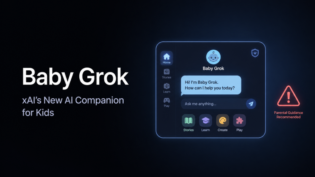 image-6 – WeShop AI Blog A dark UI concept for Baby Grok, xAI’s AI companion for kids. The interface features a chatbot window with a friendly avatar and quick-access buttons for "Stories," "Learn," "Create," and "Play," alongside a "Parental Guidance Recommended" warning icon.