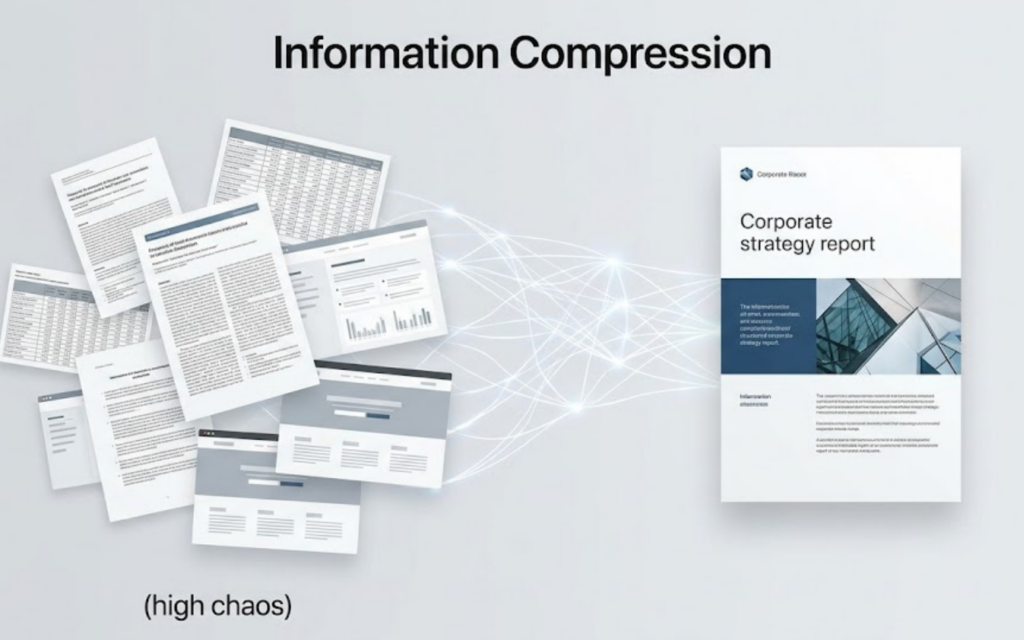 image-60 – WeShop AI Blog A conceptual technology illustration of 'Information Compression'. On the left, chaotic, floating data fragments (documents, graphs, webpages) drift. On the right, this information is synthesized into a single, clean, structured strategy report, connected by subtle glowing neural lines.