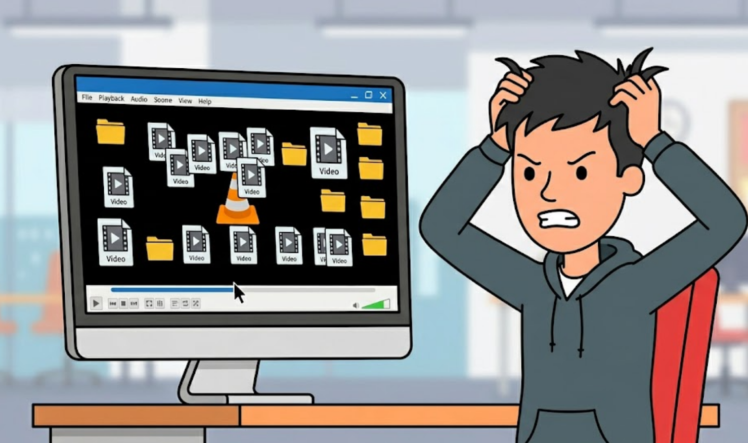 A cartoon illustration of a distressed male marketer in a hoodie, clutching his hair in front of a computer screen filled with messy video files and a chaotic playback timeline.