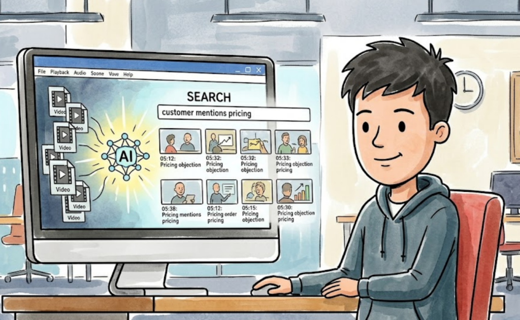 An ink-and-watercolor style illustration showing the same male character looking calm and satisfied as an AI tool organizes a search for "customer mentions pricing" into neat, labeled clips.