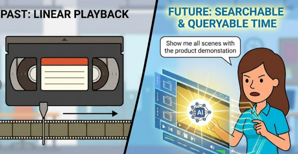 A split-screen concept art showing the "Past" as a linear VHS tape and the "Future" as a woman using voice commands to query a searchable, modular video database