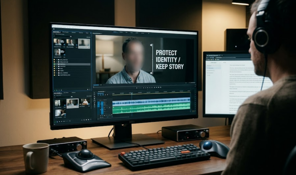 A video editor using face replacement software to anonymize a subject in a documentary to protect their identity.
