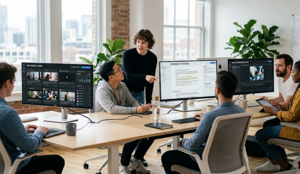 A modern office setting where a team is collaborating around monitors. The screens display Grok's interface for "Live Social Feeds" and "Document Synthesis," illustrating how the AI integrates into a professional team environment.