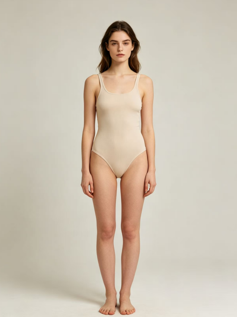 A full-body studio portrait generated by the "baseline" prompt. It shows a slender woman with long brown hair wearing a beige bodysuit against a plain grey background. This serves as the control image for the experiment.