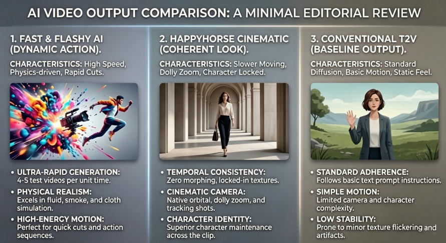 image-9 – WeShop AI Blog A minimal three-column comparison chart showing three distinct AI video styles: "Fast & Flashy AI" on the left, "HappyHorse Cinematic" in the center, and "Conventional T2V" on the right, each with descriptive bullet points.