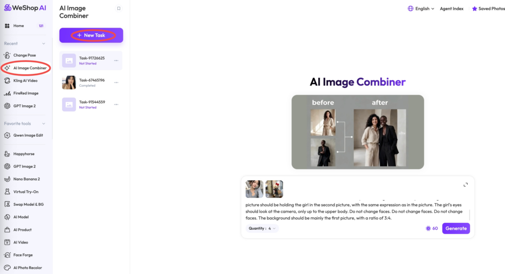 Desktop screenshot of the WeShop AI image combiner dashboard interface showing the step-by-step layout to upload photos and paste prompts.
