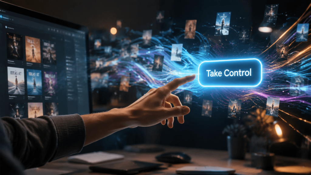 A designer's hand reaching out to press a glowing blue "Take Control" button surrounded by floating digital creative assets.