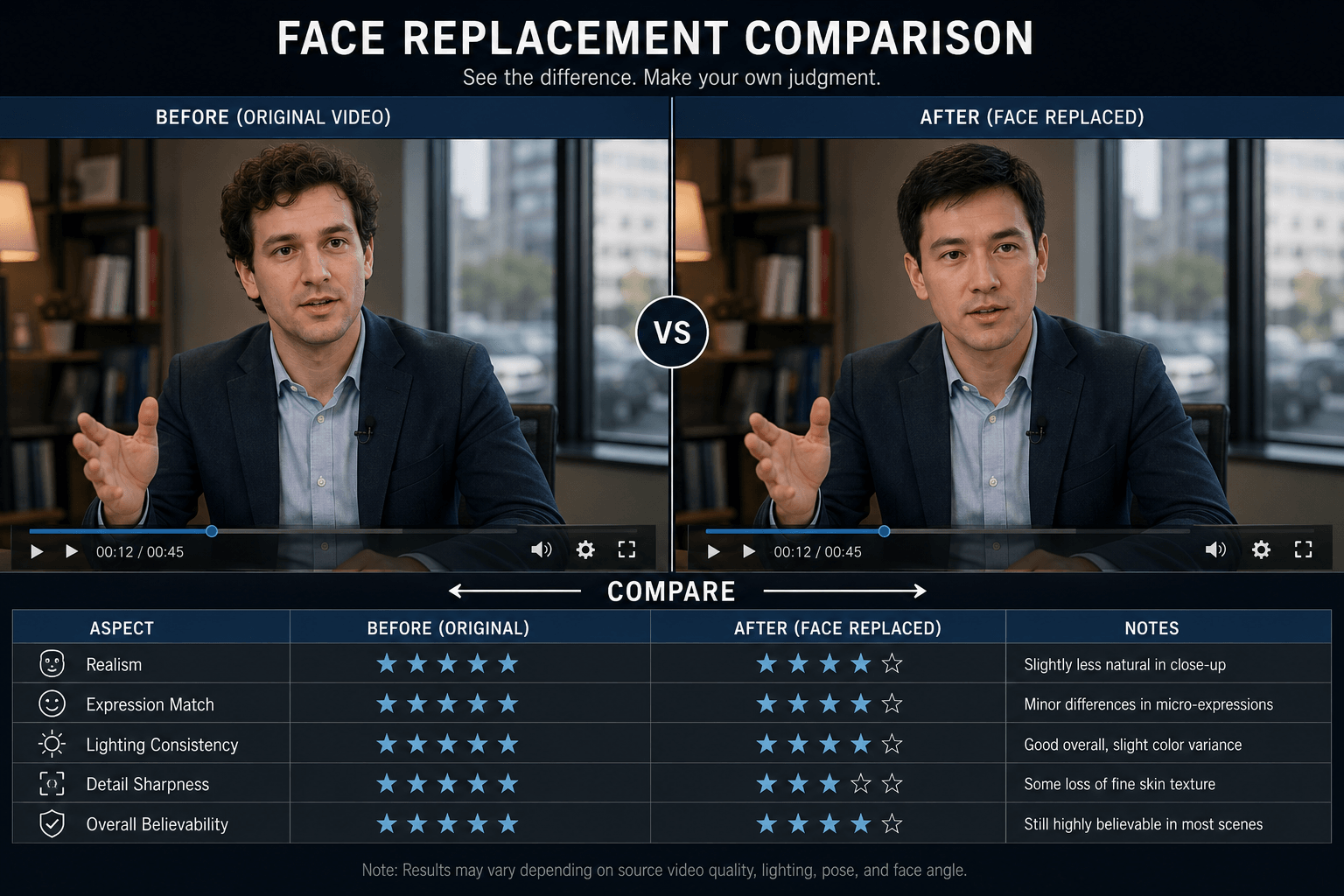 A professional technical comparison chart evaluating a face replacement video based on realism, expression match, and lighting consistency.