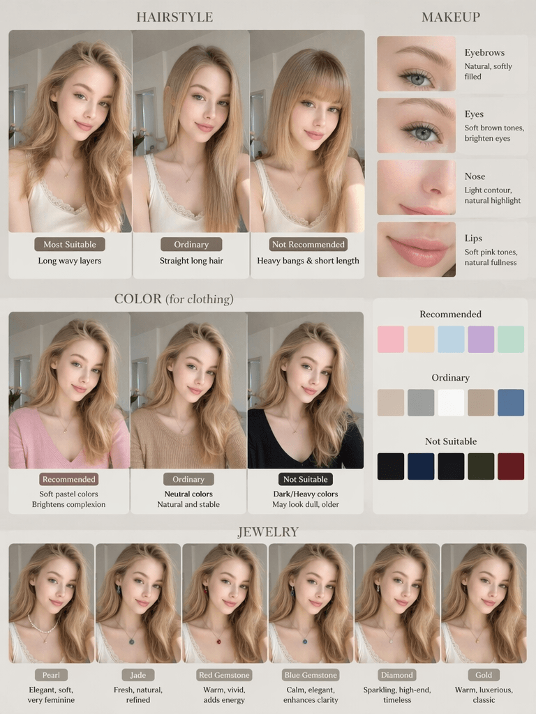 AI-generated beauty consultation card comparing hairstyle, makeup, clothing colors, and jewelry for a blonde woman
