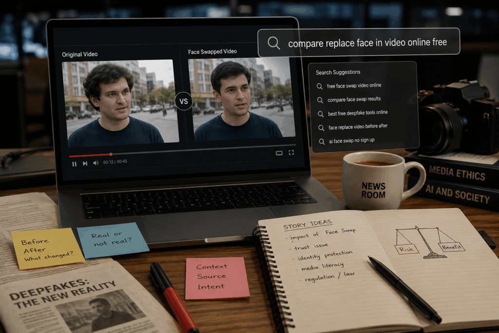 A laptop screen showing a "replace face in video" comparison next to a notebook with "Story Ideas" about deepfake ethics and media literacy.