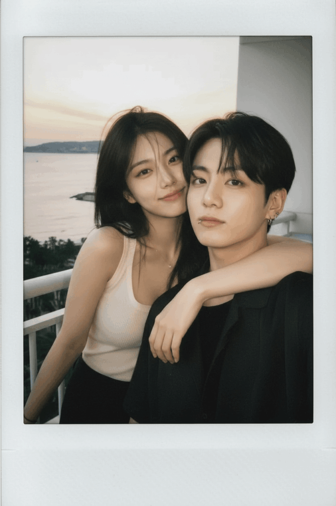 A retro film style photo variation where the woman wraps her arm around Jungkook's shoulder on a balcony.