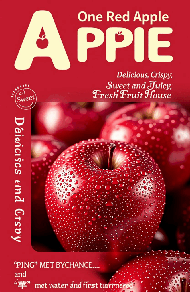 A macro close-up shot of fresh red apples with bold vintage typography and textures, ideal for food niche AI cover design reference.
