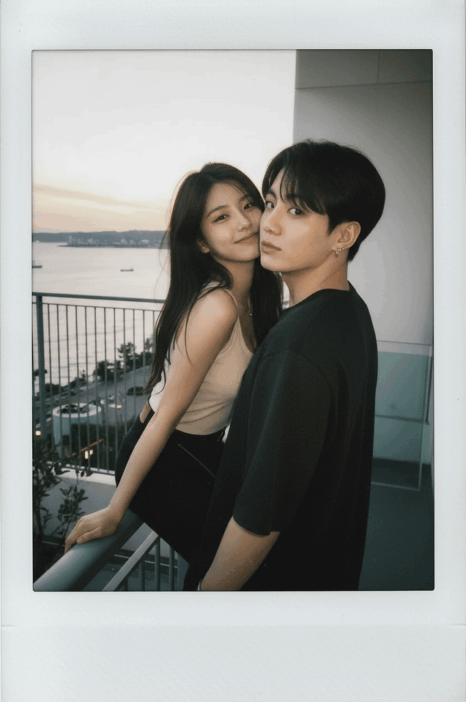 An alternative AI couple photo showing a wider standing pose on the balcony overlooking the sea view.