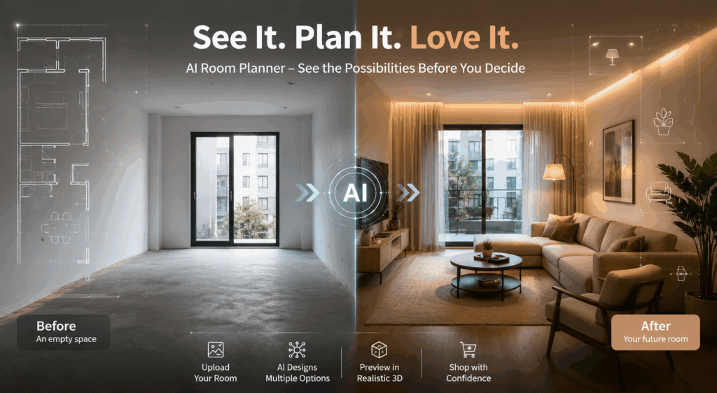 Transforming Empty Spaces with AI Room Planner. – WeShop AI Blog An AI Room Planner hero banner showing a "See It, Plan It, Love It" slogan with a split-screen transition from an empty concrete room to a warm, fully furnished modern living room.