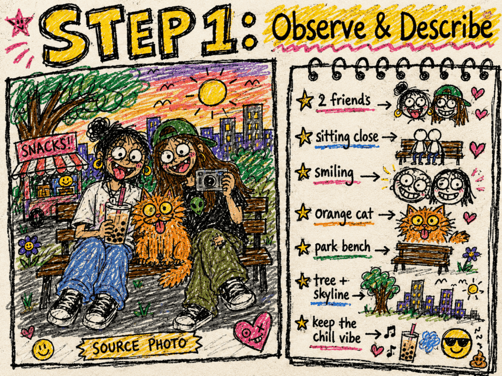 step1 – WeShop AI Blog Step 1 tutorial image showing how to describe a photo before turning it into an ugly doodle.