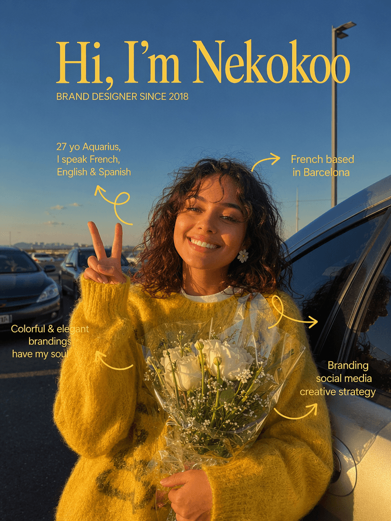 A smiling girl holding white flowers on an autumn street, styled as a premium brand designer portfolio cover using WeShop AI image model.