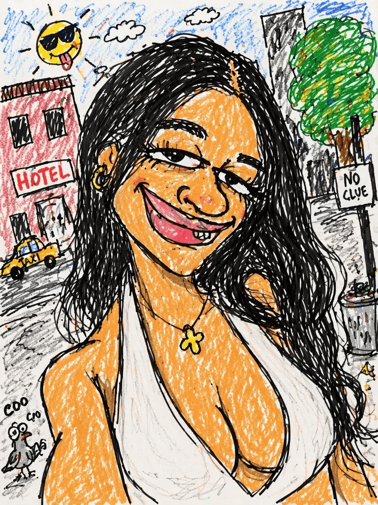 ug2 – WeShop AI Blog A photo of a girl with a cat transformed into a playful ugly doodle with mismatched eyes and rough sketchy lines.