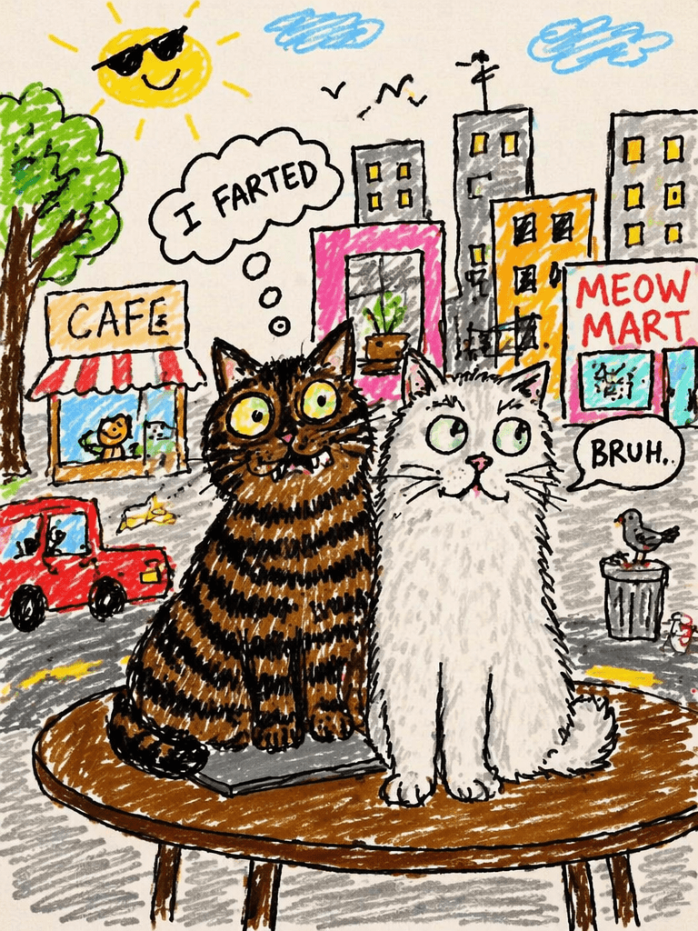 ug5 – WeShop AI Blog Funny ugly doodle of two cats sitting at a cafe with silly speech bubbles and messy crayon-style city details.