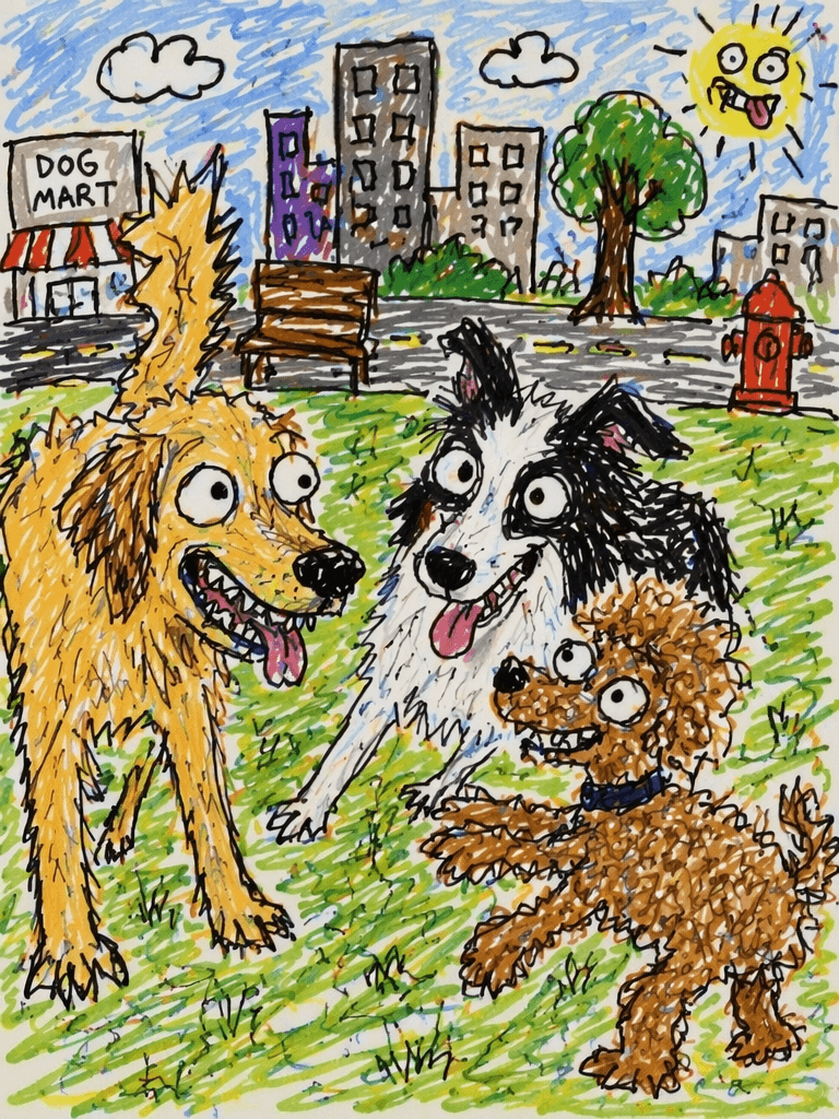 ug6 – WeShop AI Blog Funny ugly doodle of three dogs in a park with goofy expressions, rough crayon coloring, and a cartoon city background.