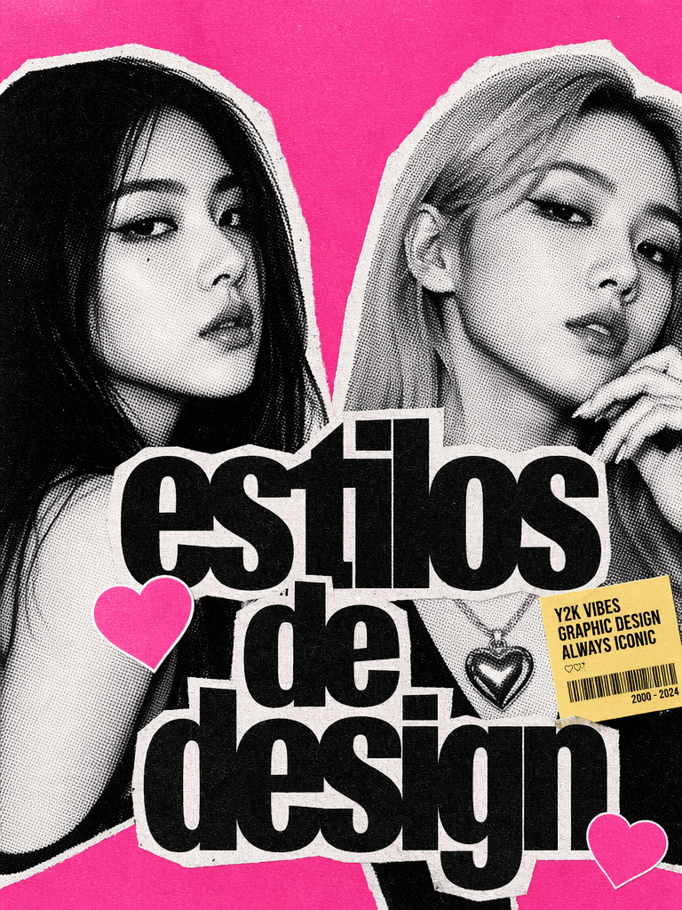 Black and white portraits of two Asian women on a vibrant pink background with Y2K typography for creative AI cover design inspiration.
