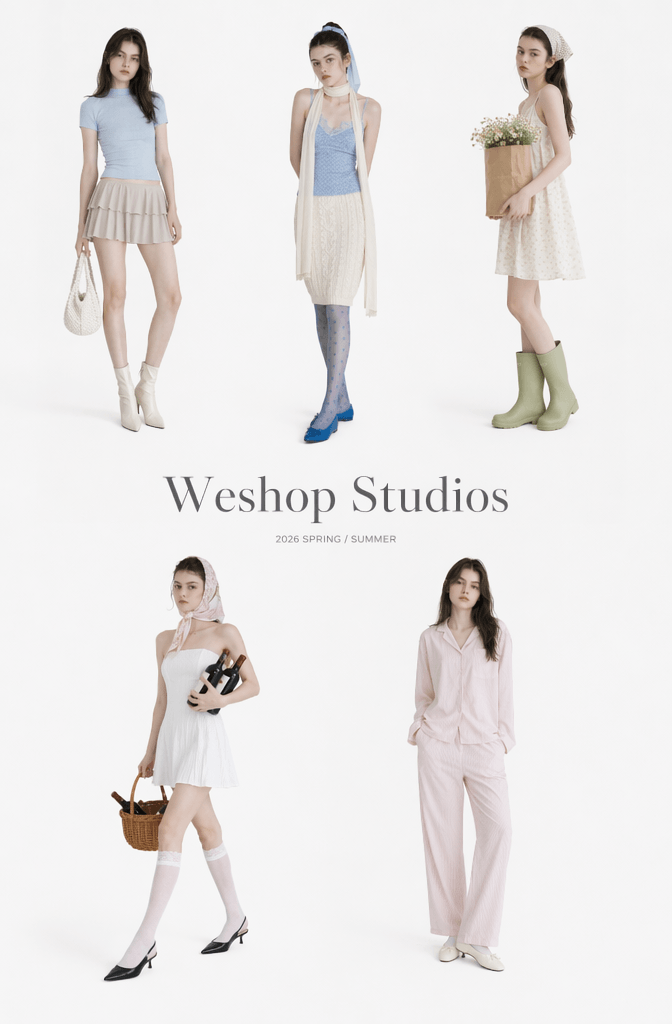 A high-end AI fashion lookbook template page titled Weshop Studios 2026 featuring five coordinated spring and summer outfits on a consistent model.