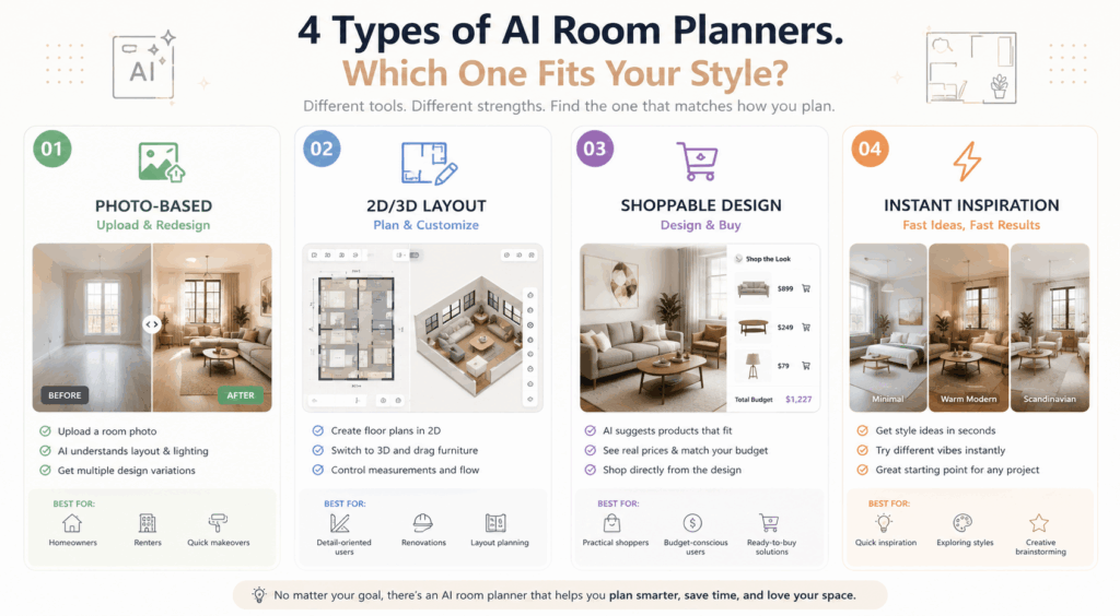 wc – WeShop AI Blog An infographic titled "4 Types of AI Room Planners," categorizing tools into Photo-based, 2D/3D Layout, Shoppable Design, and Instant Inspiration.