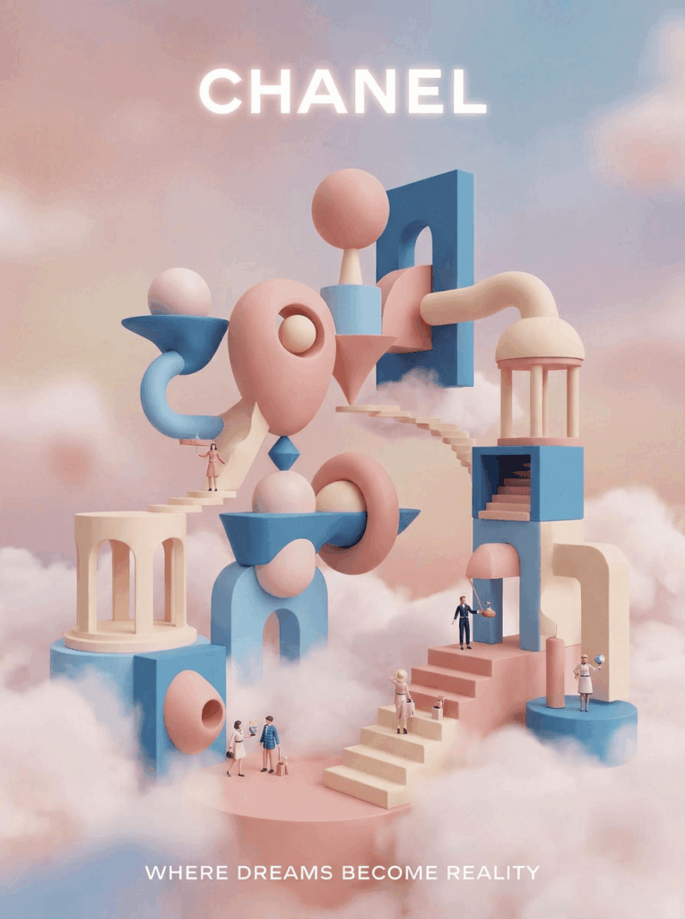 Pastel pink and blue 3D abstract geometric structures with miniature figures and clouds, branded with Chanel text for artistic background inspiration.