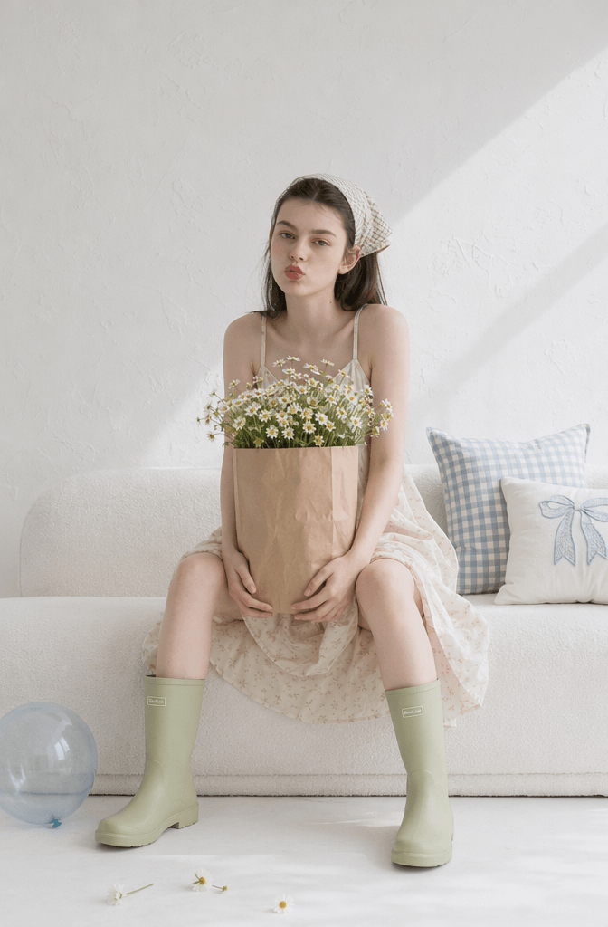 Soft girl aesthetic clothing lookbook generated via WeShop AI featuring a model with light green boots holding chamomile flowers on a white couch.
