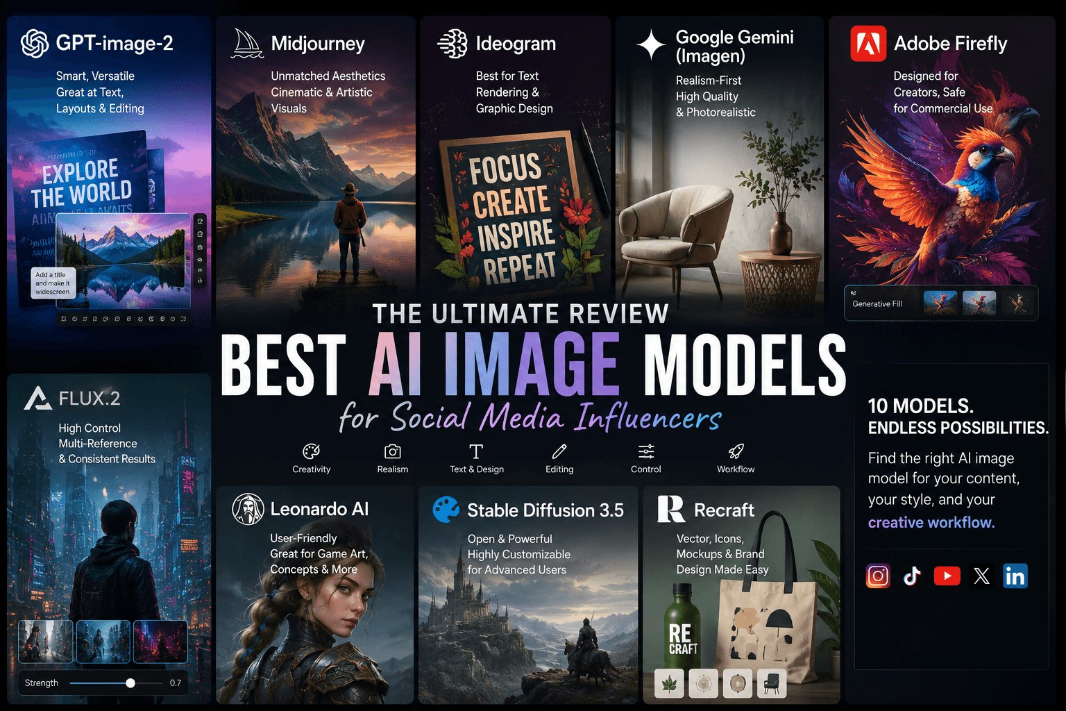 A comprehensive infographic comparing 10 AI image models like GPT-image-2, Midjourney, and Flux for social media influencers.