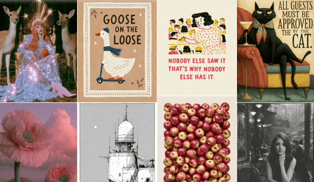 yycsb – WeShop AI Blog A grid of Midjourney-generated images showing high-fashion photography, vintage posters, and hyper-realistic portraits.