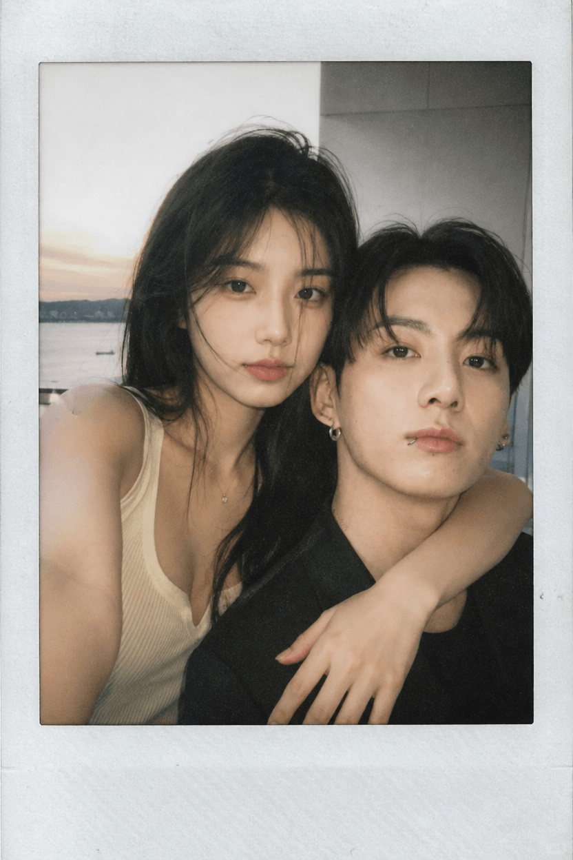 A realistic AI Polaroid photo featuring a smooth double portrait of an Asian woman and BTS Jungkook hug on a balcony, serving as the featured banner image for a WeShop AI image combiner tutorial.