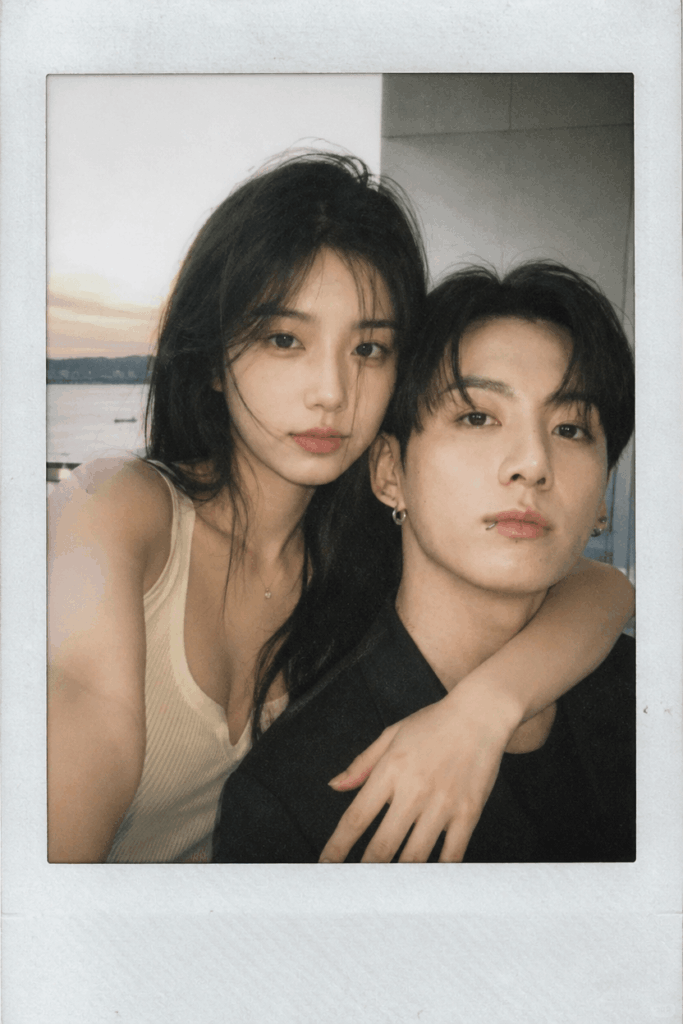 Realistic AI Polaroid photo showing a seamless double shot of an Asian woman hugging BTS Jungkook on a balcony.