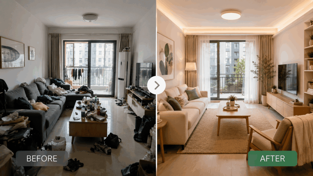 zzz – WeShop AI Blog A dramatic before-and-after comparison showing a cluttered, real-life living room transformed into a clean, minimalist Scandi-style space using AI.