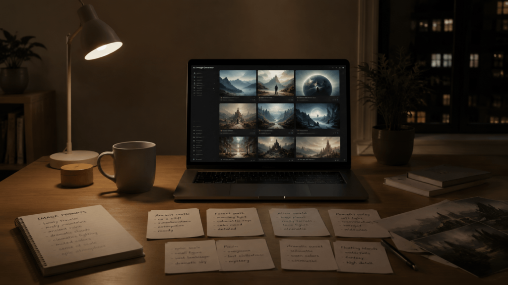 A cozy, late-night workspace featuring a laptop running GPT Image 2, surrounded by a notebook, coffee mug, and several sticky notes with handwritten prompts like "Ancient castle" and "Forest path."