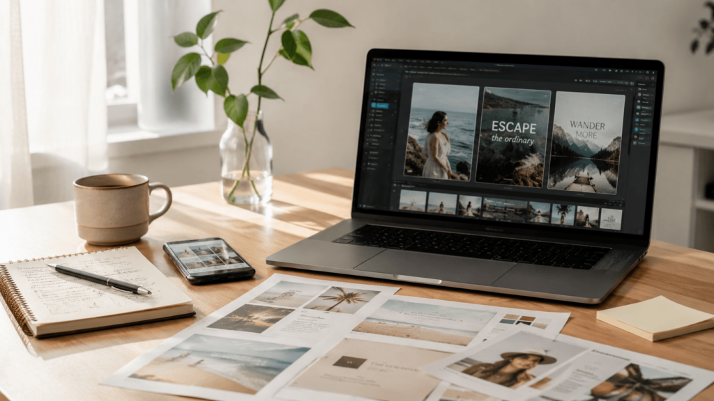密码 – WeShop AI Blog A minimalist, high-end desk setup featuring a laptop displaying an AI image editing interface, a smartphone, a coffee cup, and a notebook with social media drafts under soft natural light.