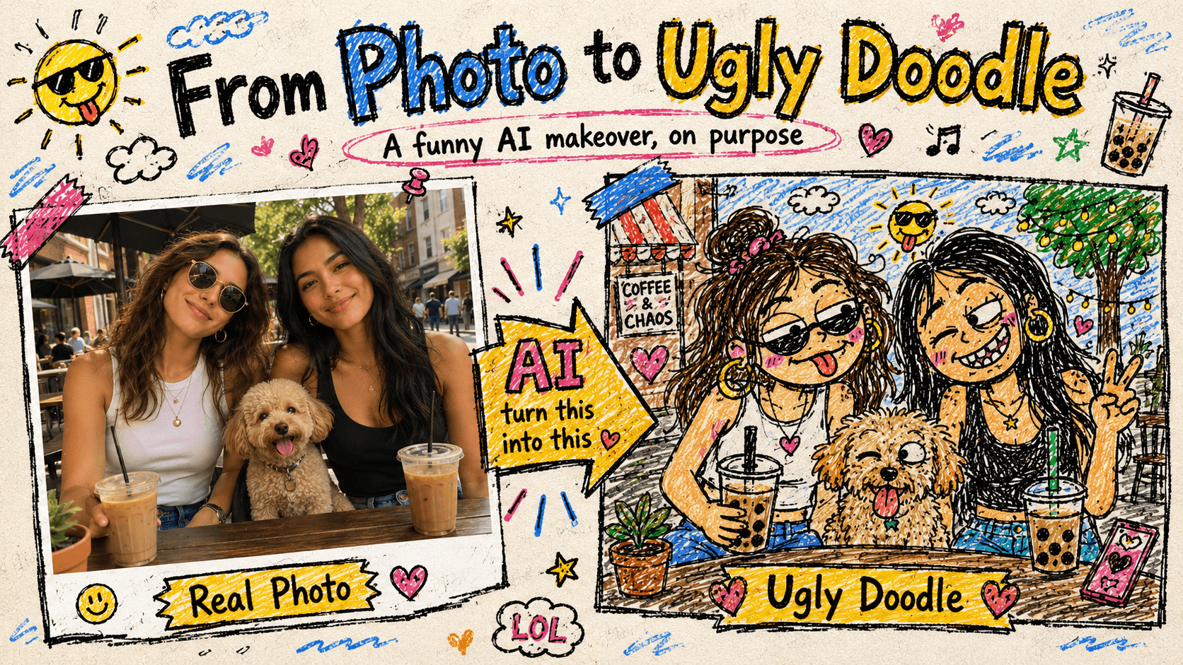 Before-and-after poster showing a real photo turned into a funny ugly doodle with AI.