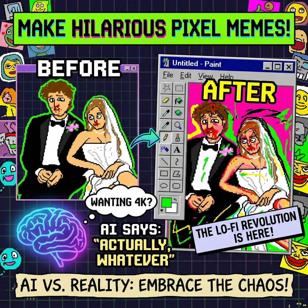 Pixel art guide cover featuring a hilarious before-and-after comparison of a couple in a wedding suit and dress, transformed into a messy MS Paint style doodle.