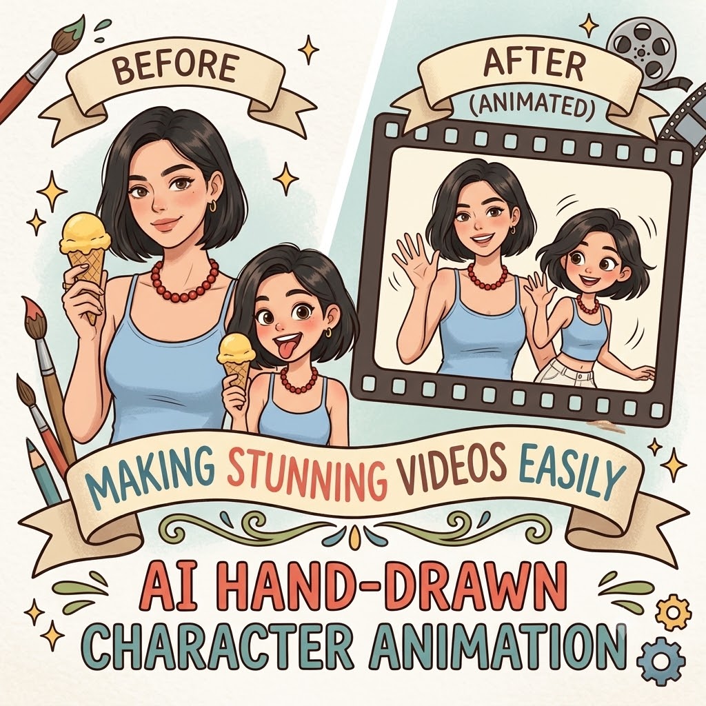 Square blog cover illustration in a hand-drawn style showing an AI-generated animated character twin waving