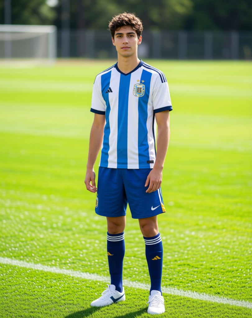 3 – WeShop AI Blog AI-generated football portrait showing a player standing on a sunny pitch in a blue and white jersey.