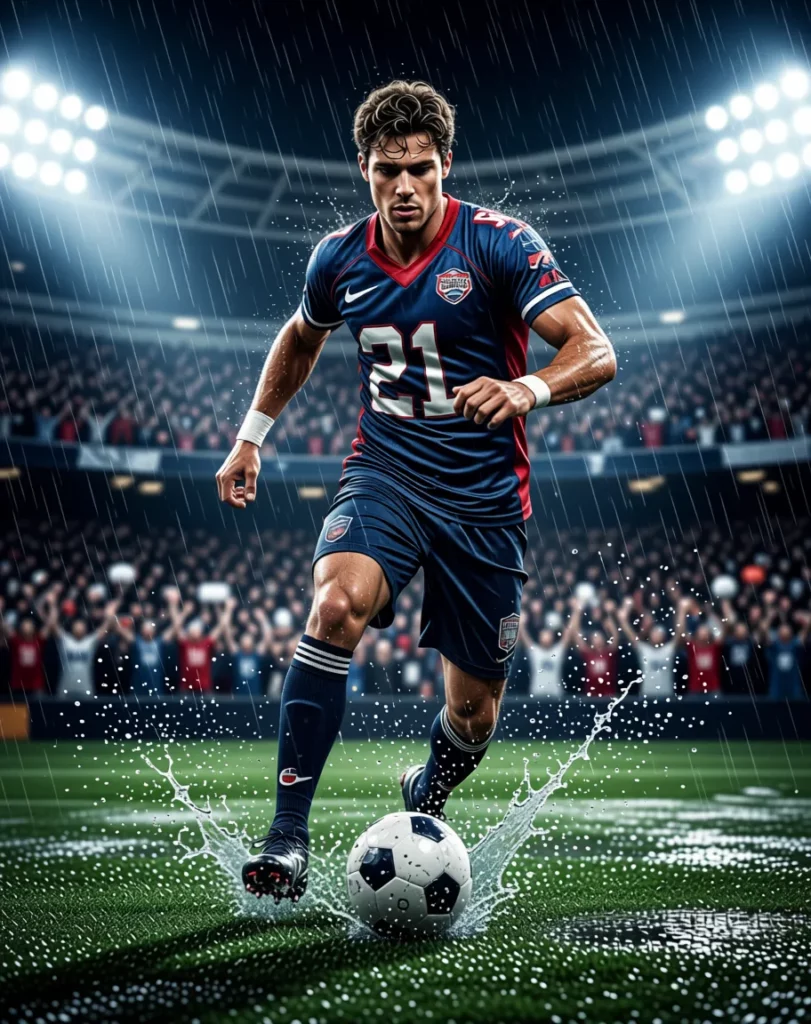 3 – WeShop AI Blog AI-generated cinematic football scene showing a player dribbling through rain under stadium floodlights.