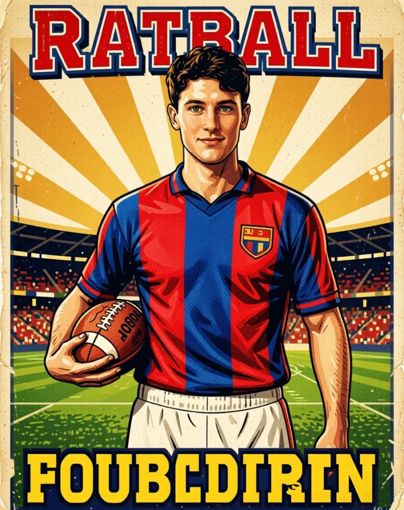 5 – WeShop AI Blog AI-generated retro football poster style image with a single player in a vintage sports card layout.