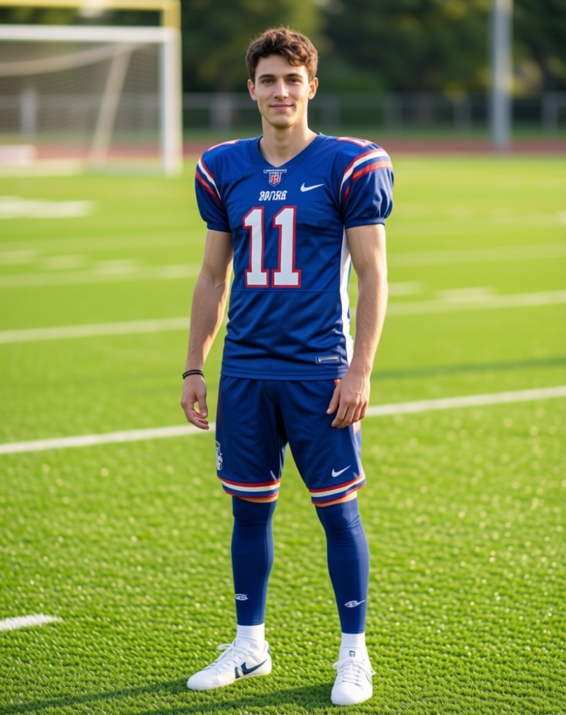 5 – WeShop AI Blog AI-generated football portrait of a single player standing on a sunny pitch in a blue kit.