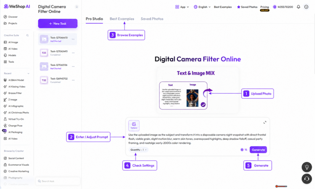 8ea75a91-63d3-49c6-b9ac-2ba608a9917d – WeShop AI Blog Digital Camera Filter Online interface in WeShop AI showing image upload prompt and generation controls