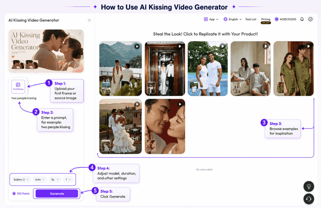 ChatGPT Image 2026年8月18日 07_55_35 1 – WeShop AI Blog AI Kissing Video Generator step-by-step interface showing image upload, prompt, settings, examples, and Generate button