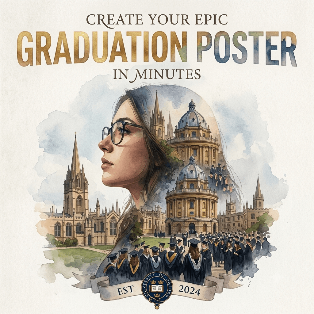 Minimalist before-and-after comparison showing a plain side profile transform into an AI-generated epic narrative graduation poster