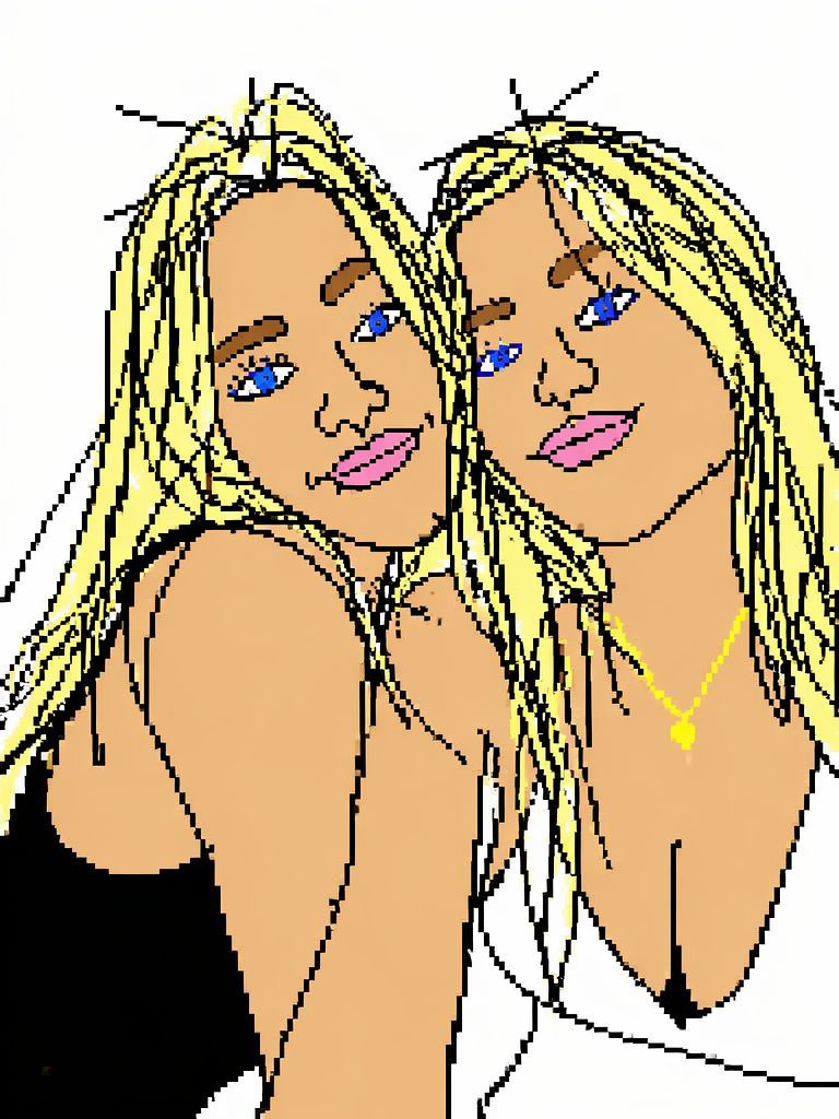 A side-by-side comparison image  showing the transformation of a photo of two women into a stylized, low-fidelity digital pixel art doodle with black outlines and solid color fills.