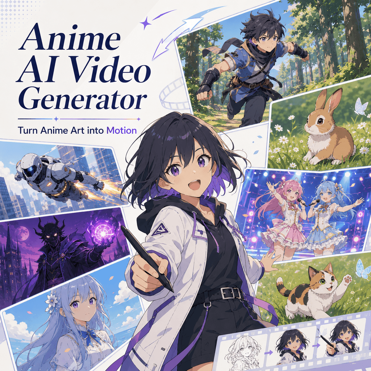 Anime AI Video Generator hero image with anime characters, motion panels, and storyboard-style animation frames.
