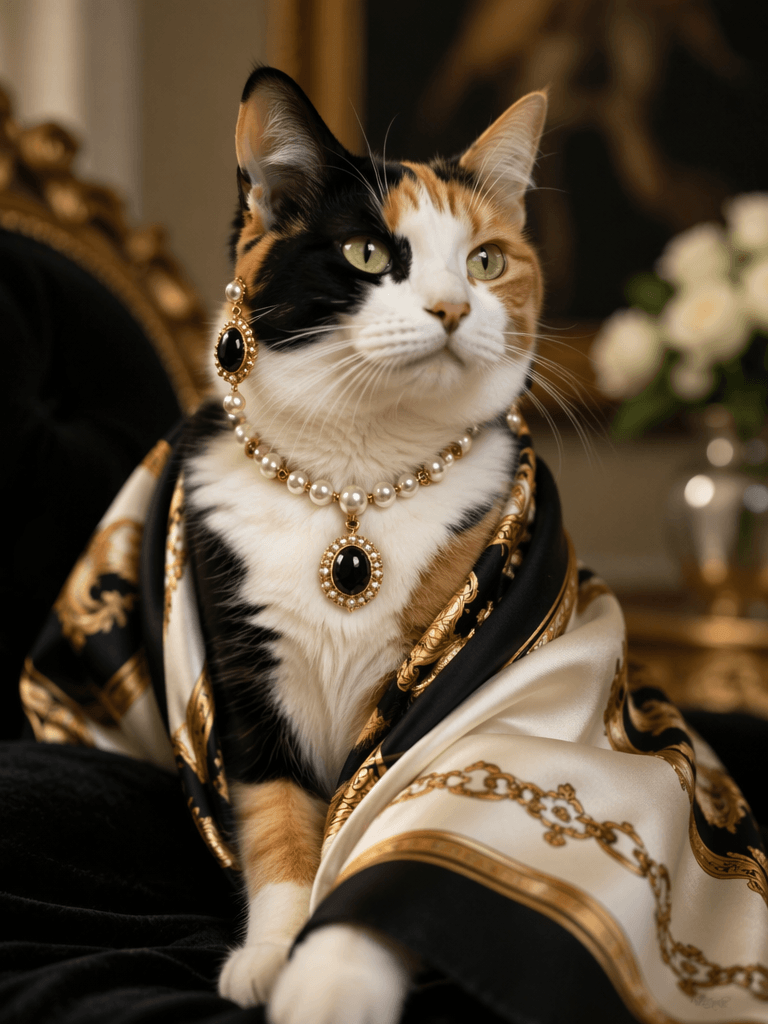 cb3 – WeShop AI Blog Calico cat portrait with elegant styling, used as a pet reference to preserve fur color, facial features, expression, and upper-body details.