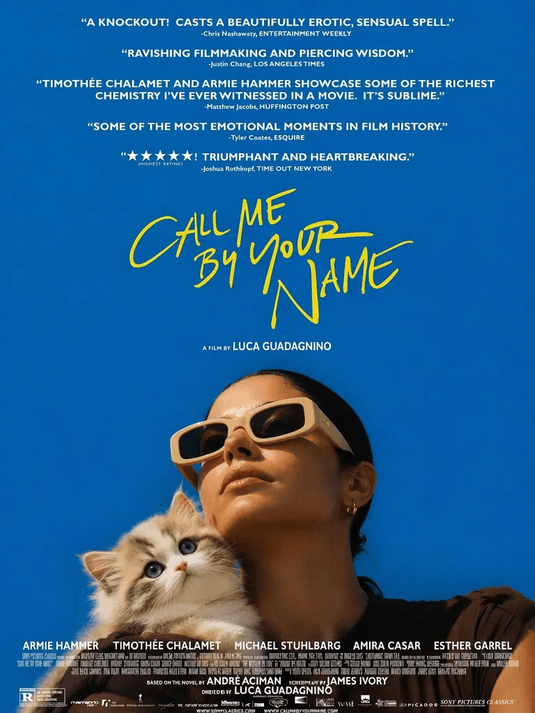 cb5 – WeShop AI Blog Generated Call Me By Your Name AI poster showing a woman in sunglasses with a fluffy kitten resting on her shoulder against a bright blue sky.