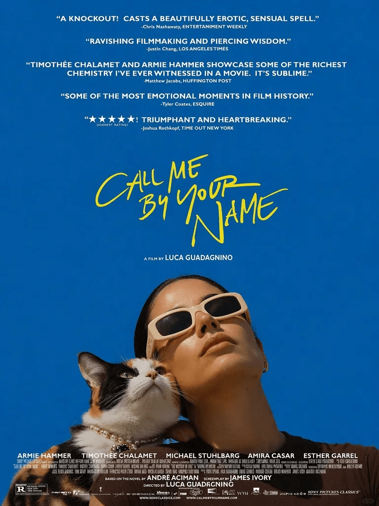 cb6 – WeShop AI Blog Generated Call Me By Your Name AI poster showing a woman in sunglasses with a calico cat leaning near her shoulder in a cinematic blue-sky composition.